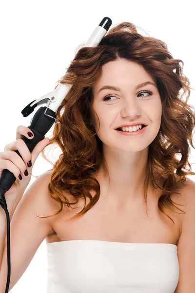 Happy Girl Looking Away While Curling Hair Isolated White — Stock Photo, Image