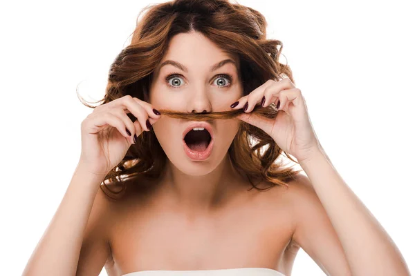 Shocked Woman Holding Hair Face Isolated White — Stock Photo, Image