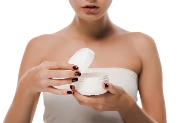 Vista Cortada Mulher Segurando Recipiente Com Creme Facial Isolado Branco — Fotografia de Stock