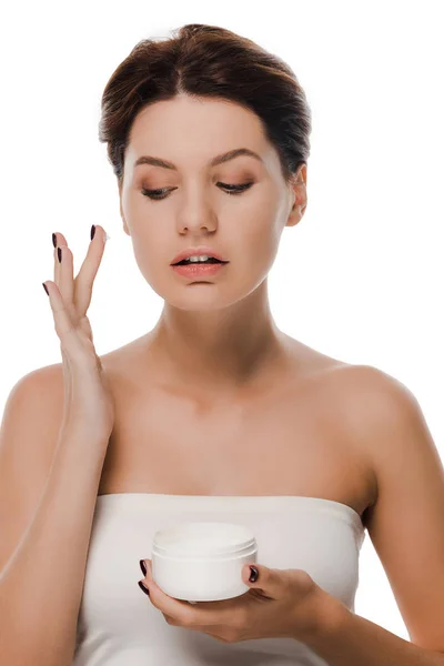 Mujer Con Crema Facial Contenedor Sujeción Dedo Aislado Blanco —  Fotos de Stock