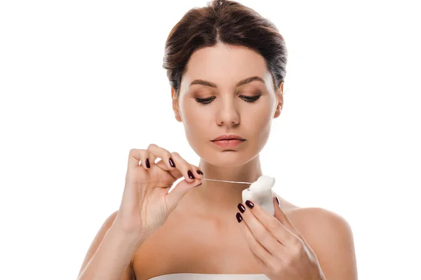 Attractive Woman Holding Dental Floss Isolated White — Stock Photo, Image