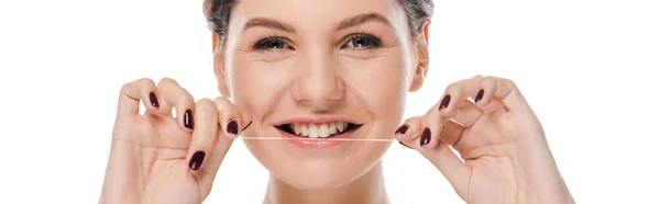 Panoramic Shot Cheerful Woman Flossing Teeth Isolated White — Stock Photo, Image