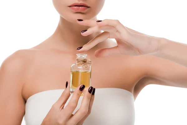 Cropped View Woman Holding Bottle Oil Isolated White — Stock Photo, Image