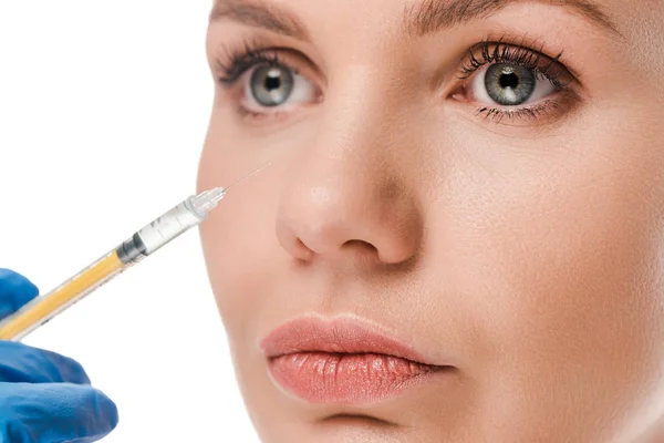 Cropped View Plastic Surgeon Latex Glove Holding Syringe Attractive Patient — Stock Photo, Image