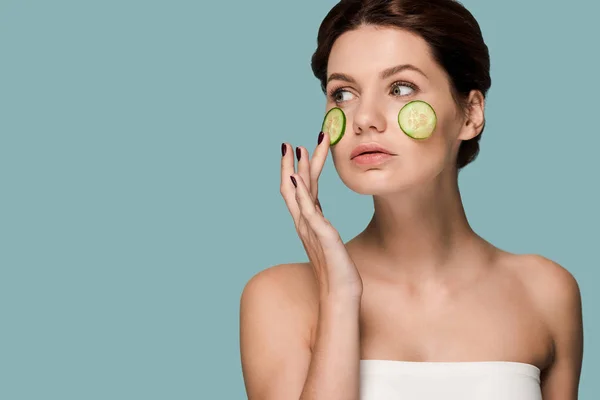 Attractive Woman Touching Cucumber Face Isolated Blue — Stock Photo, Image