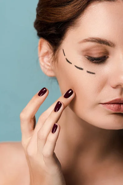 Cropped View Woman Touching Face Marked Lines Isolated Blue — Stock Photo, Image