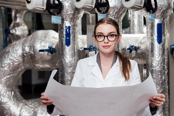 Attractive Engineer White Coat Glasses Holding Blueprint Air Supply System — Stock Photo, Image