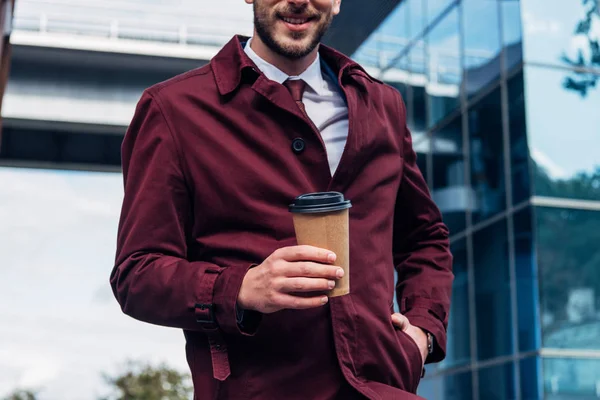 Cropped View Happy Bearded Man Coat Holding Paper Cup While — Stock Photo, Image