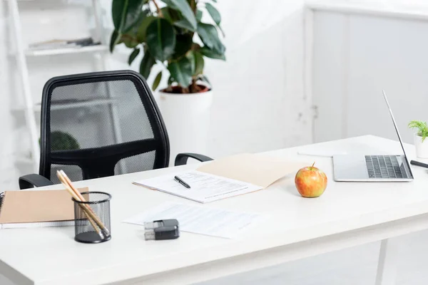 Apple Stationery Documents Laptop Wooden Table Clinic — Stock Photo, Image