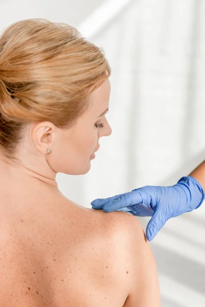 Cropped View Dermatologist Examining Skin Patient Clinic — Stock Photo, Image