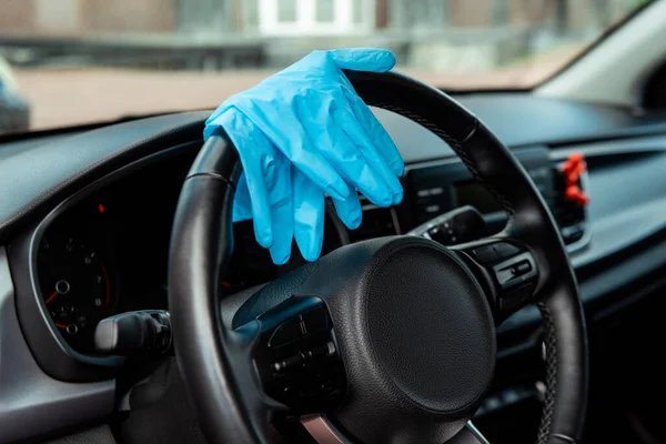 Medical Gloves Steering Wheel Car Covid Pandemic — Stock Photo, Image