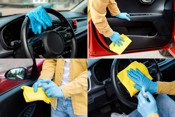Kolaż Człowiekiem Lateksowych Rękawiczkach Użyciem Antyseptyki Szmaty Dezynfekcji Wnętrza Samochodu — Zdjęcie stockowe