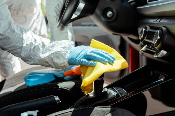 Cropped View Specialist Hazmat Suit Cleaning Car Interior Spray Rag — Stock Photo, Image