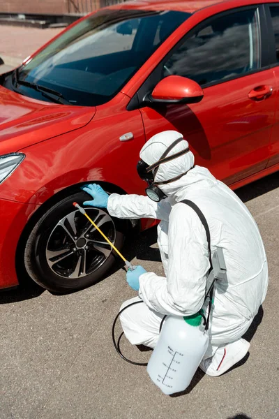 Specialist Hazmat Suit Respirator Cleaning Car Disinfectant Spray Bag Covid — Stock Photo, Image