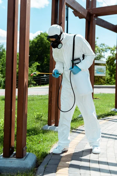 Professional Specialist Hazmat Suit Respirator Disinfecting Wooden Construction Park Coronavirus — Stock Photo, Image