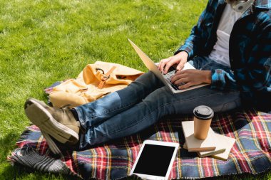 cropped view of student using laptop near digital tablet with blank screen and paper cup on plaid blanket, online study concept  clipart
