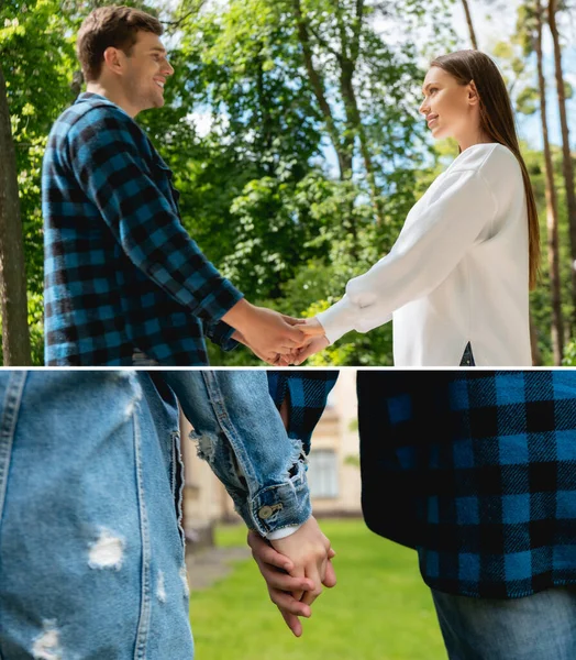 collage of cheerful couple of students looking at each other and holding hands