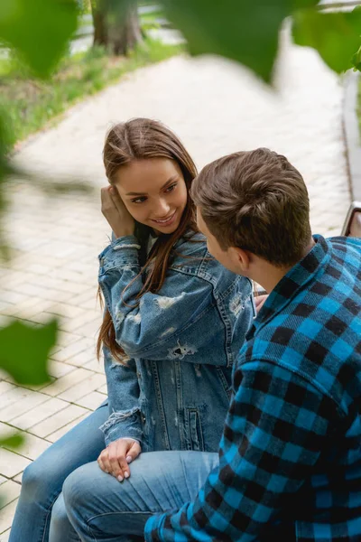 Selective Focus Attractive Girl Touching Hair While Flirting Boyfriend — Stock Photo, Image