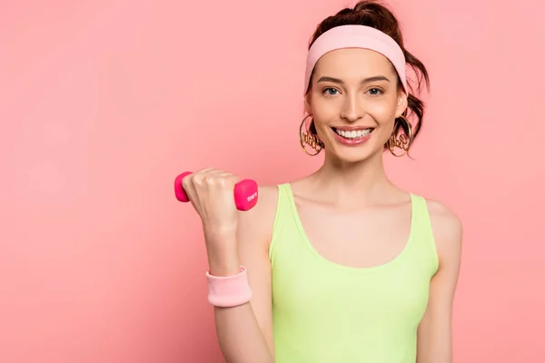 Cheerful Sportswoman Exercising Dumbbell Pink — Stock Photo, Image
