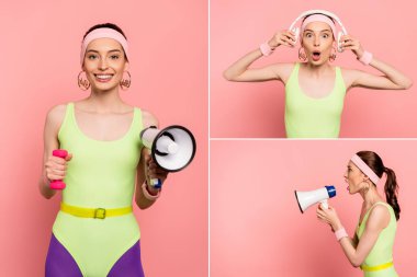 collage of woman holding loudspeakers and touching headphones on pink  clipart