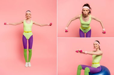 collage of emotional sportswoman exercising with dumbbells on pink  clipart