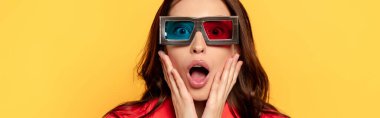 website header of surprised woman in 3d glasses isolated on yellow  clipart