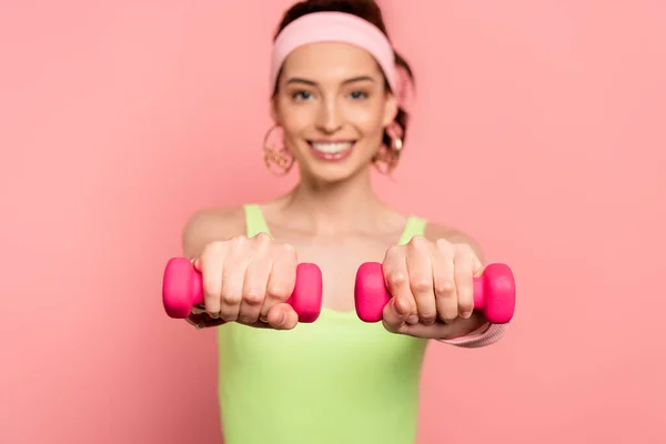 Selective Focus Happy Sportswoman Exercising Dumbbells Isolated Pink — Stock Photo, Image