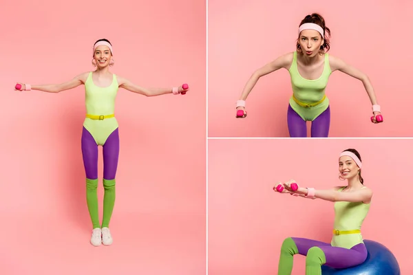 Collage Emotional Sportswoman Exercising Dumbbells Pink — Stock Photo, Image