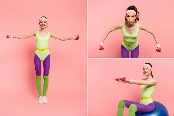 Collage Deportista Emocional Haciendo Ejercicio Con Mancuernas Rosa —  Fotos de Stock