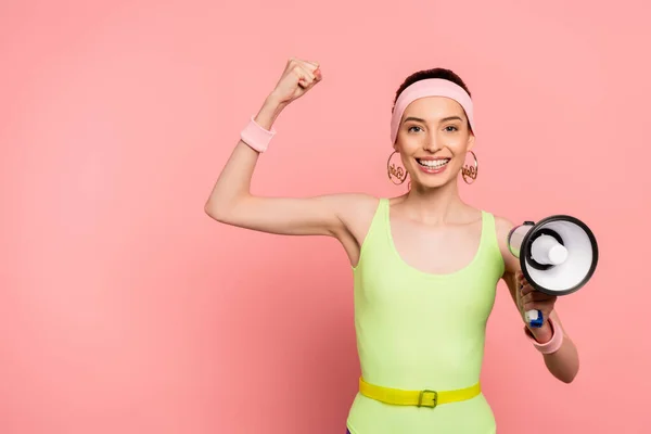 Cheerful Young Woman Clenched Fist Holding Loudspeaker Pink — Stock Photo, Image