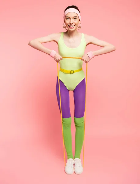 Cheerful Sportswoman Exercising Resistance Band Pink — Stock Photo, Image