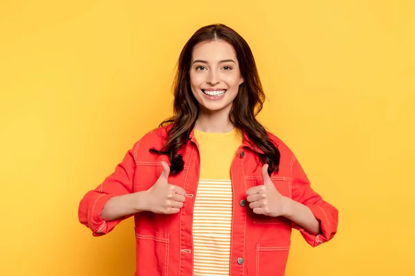 Cheerful Young Woman Showing Thumbs Looking Camera Yellow — Stock Photo, Image