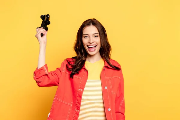 Kyiv Ukraine May 2020 Excited Young Woman Holding Joystick Yellow — Stock Photo, Image