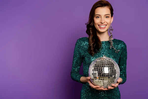 Happy Young Woman Dress Holding Disco Ball Purple — Stock Photo, Image