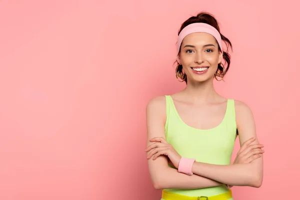 Happy Young Woman Headband Standing Crossed Arms Smiling Pink — Stock Photo, Image