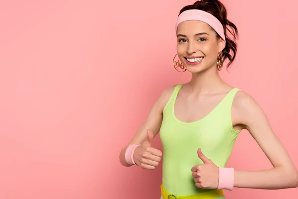 Happy Young Woman Showing Thumbs Smiling Pink — Stock Photo, Image