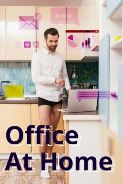 Handsome man in shirt and panties looking at laptop while cooking breakfast in kitchen, office at home illustration clipart