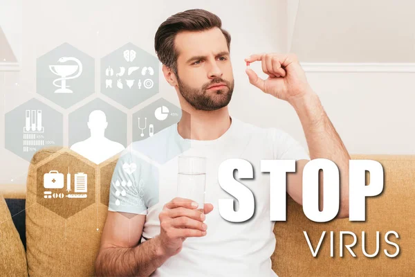 Thoughtful Man Holding Pill Glass Water Couch Home Stop Virus — Stock Photo, Image