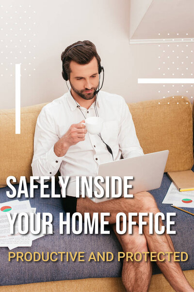 Teleworker in shirt and panties drinking coffee while using headset and laptop on couch, safely inside home office illustration 