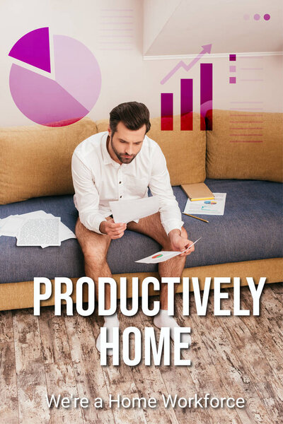 Freelancer in panties and shirt looking at documents with charts on sofa, productively home illustration