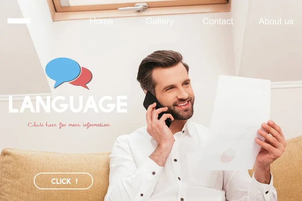 Handsome Freelancer Smiling While Holding Document Talking Smartphone Couch Language — Stock Photo, Image