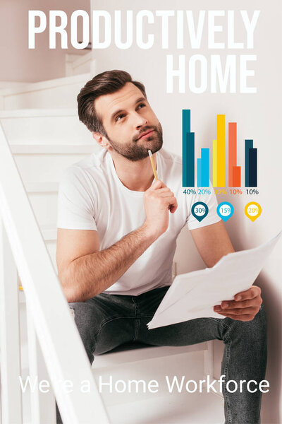 Dreamy teleworker looking away while holding papers and pencil on stairs, productively home illustration