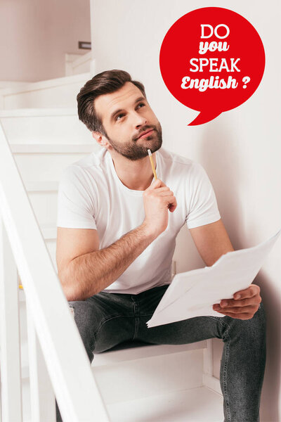Dreamy teleworker looking away while holding papers and pencil on stairs, do you speak English illustration