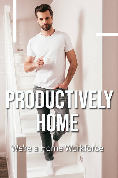 Handsome man holding cup of coffee and looking at camera on staircase at home, productively home illustration