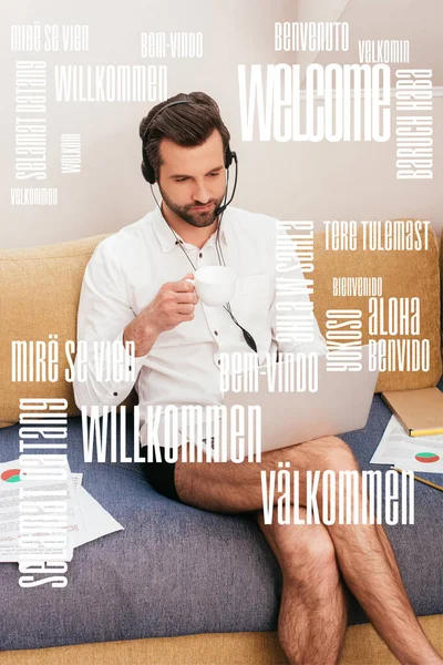 Teleworker Camisa Calcinha Beber Café Usar Fone Ouvido Laptop Sofá Imagem De Stock