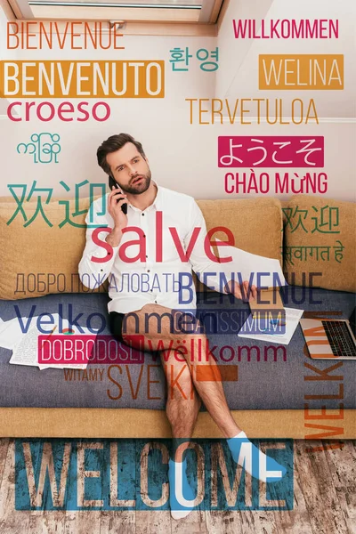 Freelancer Bonito Camisa Calcinha Falando Smartphone Segurando Documento Sofá Ilustração Imagem De Stock