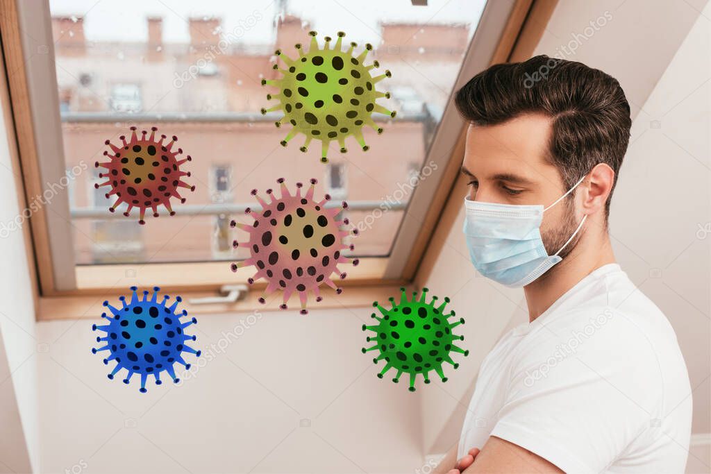 Side view of man in medical mask standing near window at home, bacteria illustration