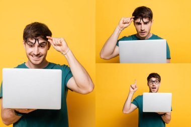 Laptop kullanan duygusal genç adam kolajı ve sarı üzerinde fikir jesti göstermek