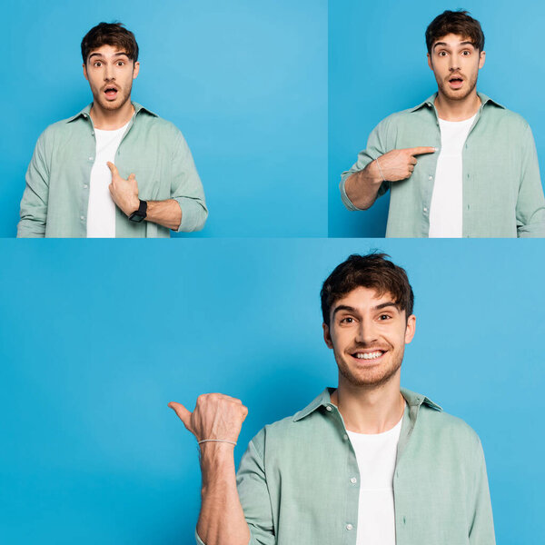 collage of emotional young man pointing with finger and looking at camera on blue