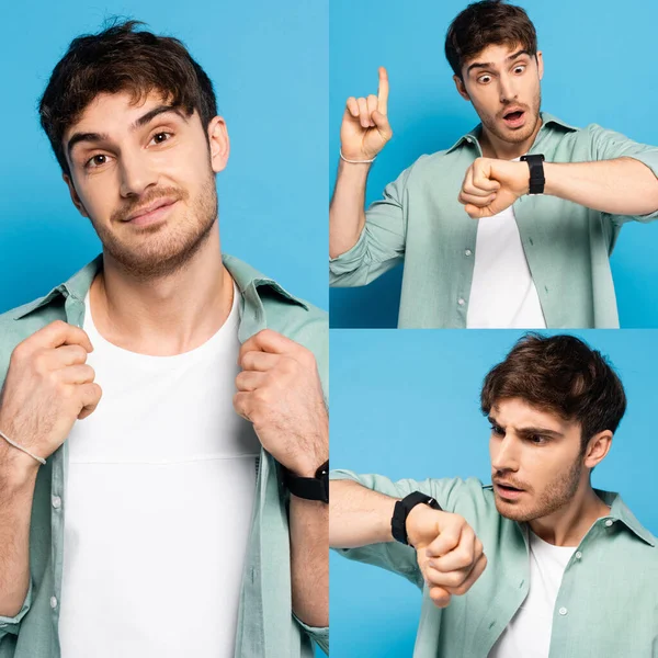 Collage Shocked Man Looking Wristwatch Smiling Man Looking Camera Blue — Stock Photo, Image